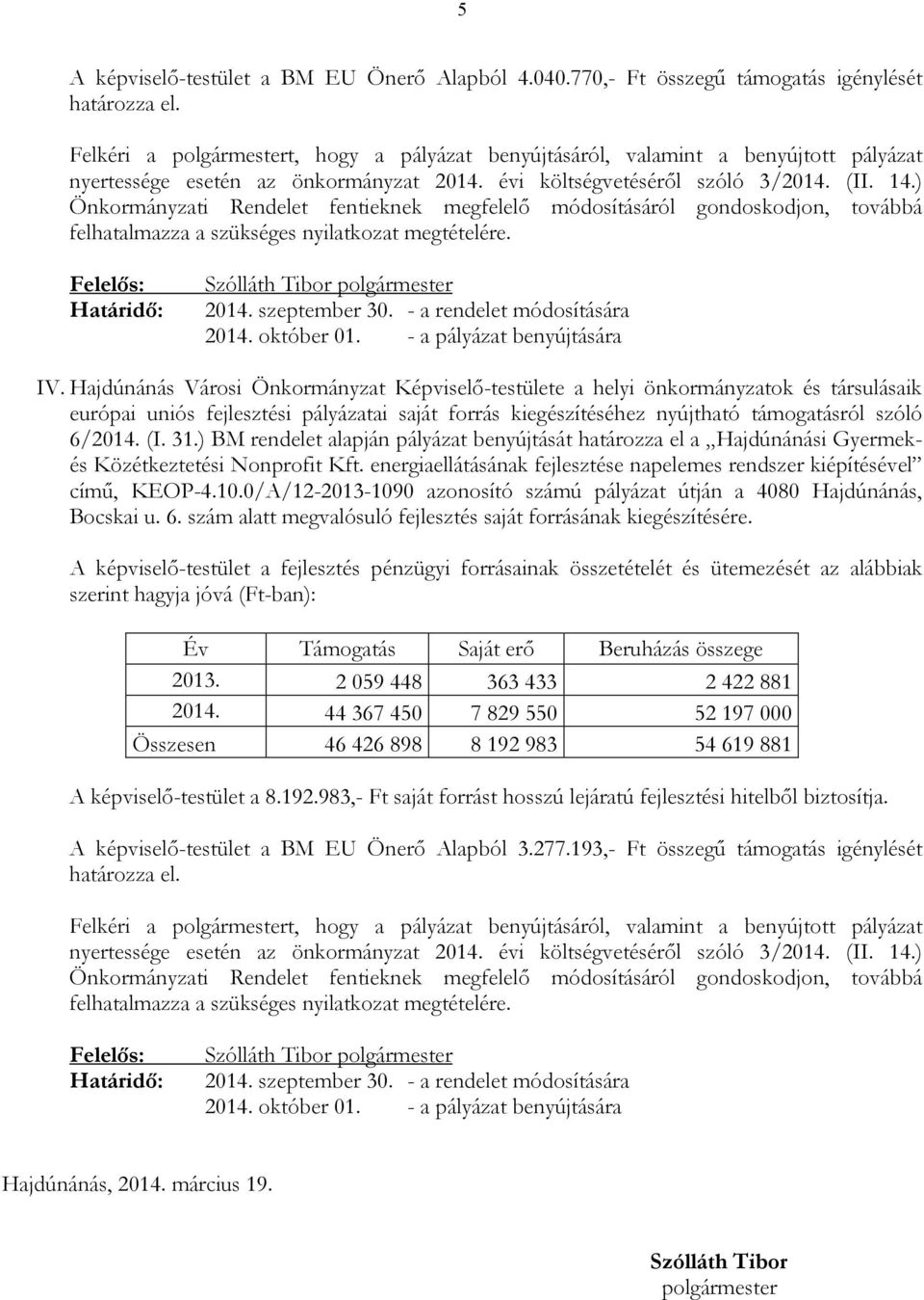 0/A/12-2013-1090 azonosító számú pályázat útján a 4080 Hajdúnánás, Bocskai u. 6. szám alatt megvalósuló fejlesztés saját forrásának kiegészítésére. 2013. 2 059 448 363 433 2 422 881 2014.