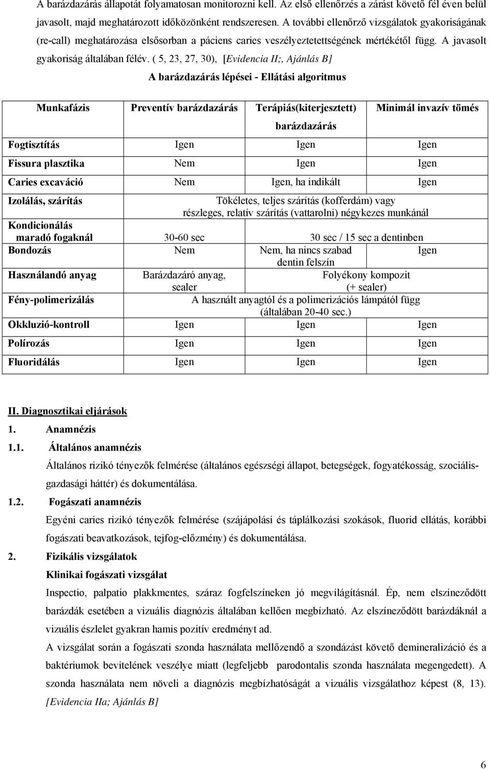 ( 5, 23, 27, 30), [Evidencia II;, Ajánlás B] A barázdazárás lépései - Ellátási algoritmus Munkafázis Preventív barázdazárás Terápiás(kiterjesztett) barázdazárás Minimál invazív tömés Fogtisztítás