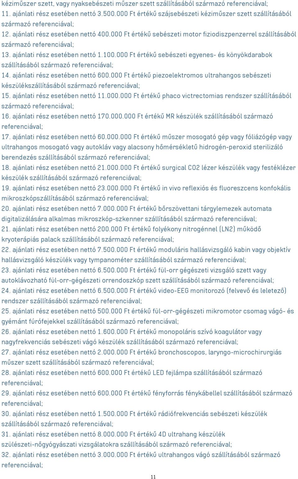 000 Ft értékű sebészeti motor fiziodiszpenzerrel szállításából származó referenciával; 3. ajánlati rész esetében nettó.00.000 Ft értékű sebészeti egyenes- és könyökdarabok szállításából származó referenciával; 4.