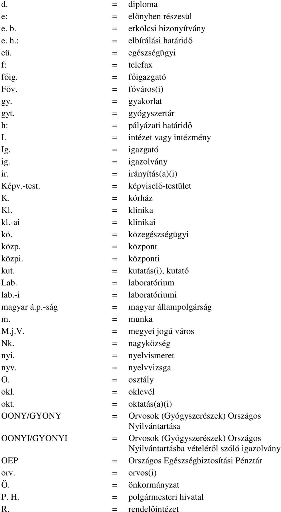 -ai = klinikai kö. = közegészségügyi közp. = központ közpi. = központi kut. = kutatás(i), kutató Lab. = laboratórium lab.-i = laboratóriumi magyar á.p.-ság = magyar állampolgárság m. = munka M.j.V.