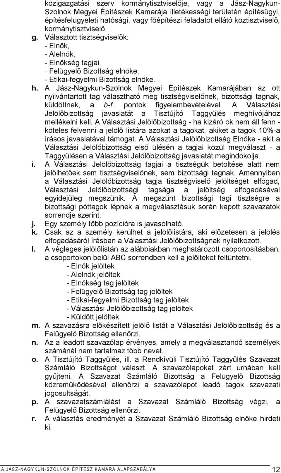 A Jász-Nagykun-Szolnok Megyei Építészek Kamarájában az ott nyilvántartott tag választható meg tisztségviselőnek, bizottsági tagnak, küldöttnek, a b-f. pontok figyelembevételével.