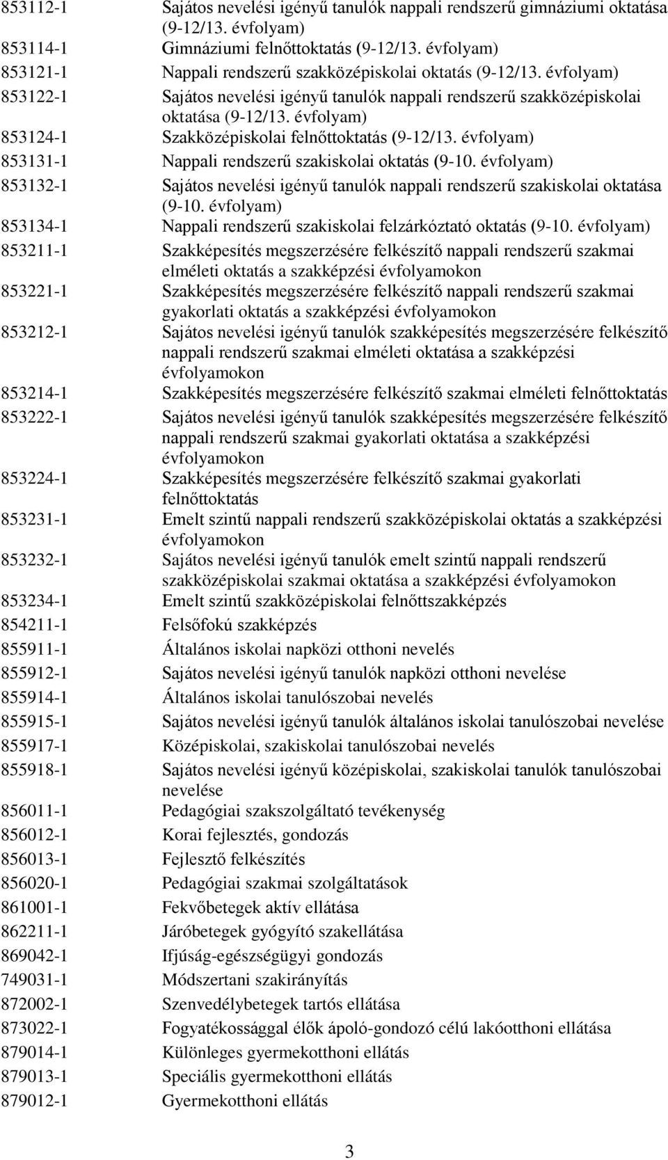 évfolyam) 853124-1 Szakközépiskolai felnőttoktatás (9-12/13. évfolyam) 853131-1 Nappali rendszerű szakiskolai oktatás (9-10.