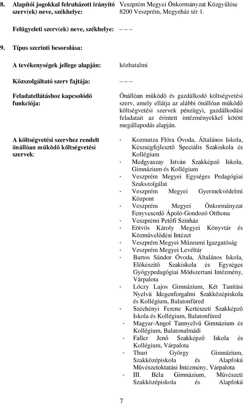 költségvetési szervek: Önállóan működő és gazdálkodó költségvetési szerv, amely ellátja az alábbi önállóan működő költségvetési szervek pénzügyi, gazdálkodási feladatait az érintett intézményekkel