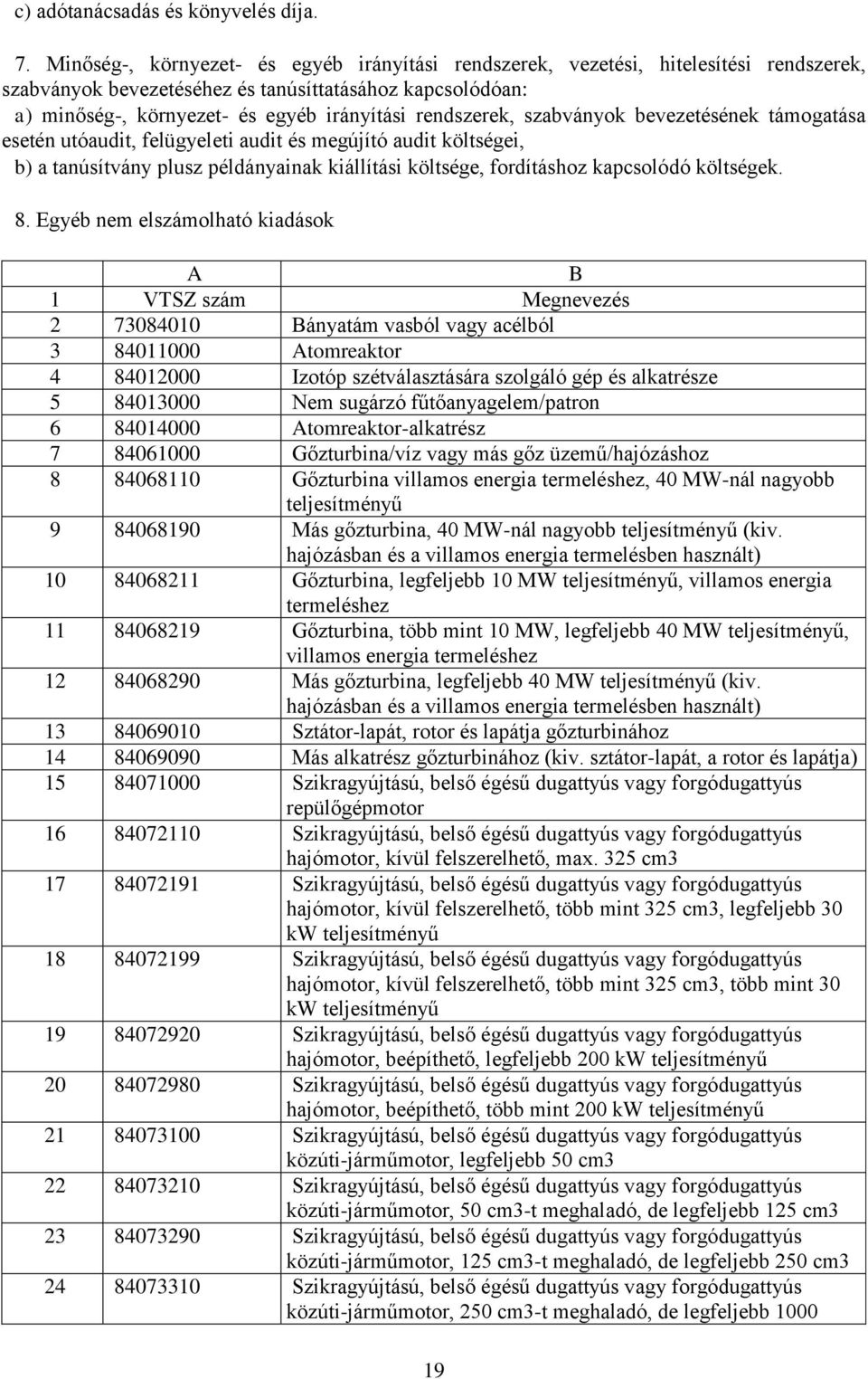 rendszerek, szabványok bevezetésének támogatása esetén utóaudit, felügyeleti audit és megújító audit költségei, b) a tanúsítvány plusz példányainak kiállítási költsége, fordításhoz kapcsolódó