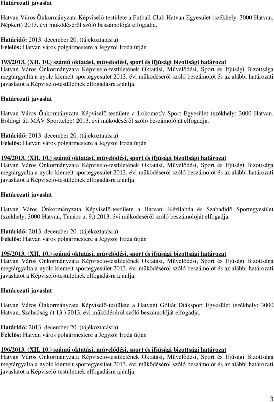 2013. évi működéséről szóló beszámolóját elfogadja. 194/2013. (XII. 10.