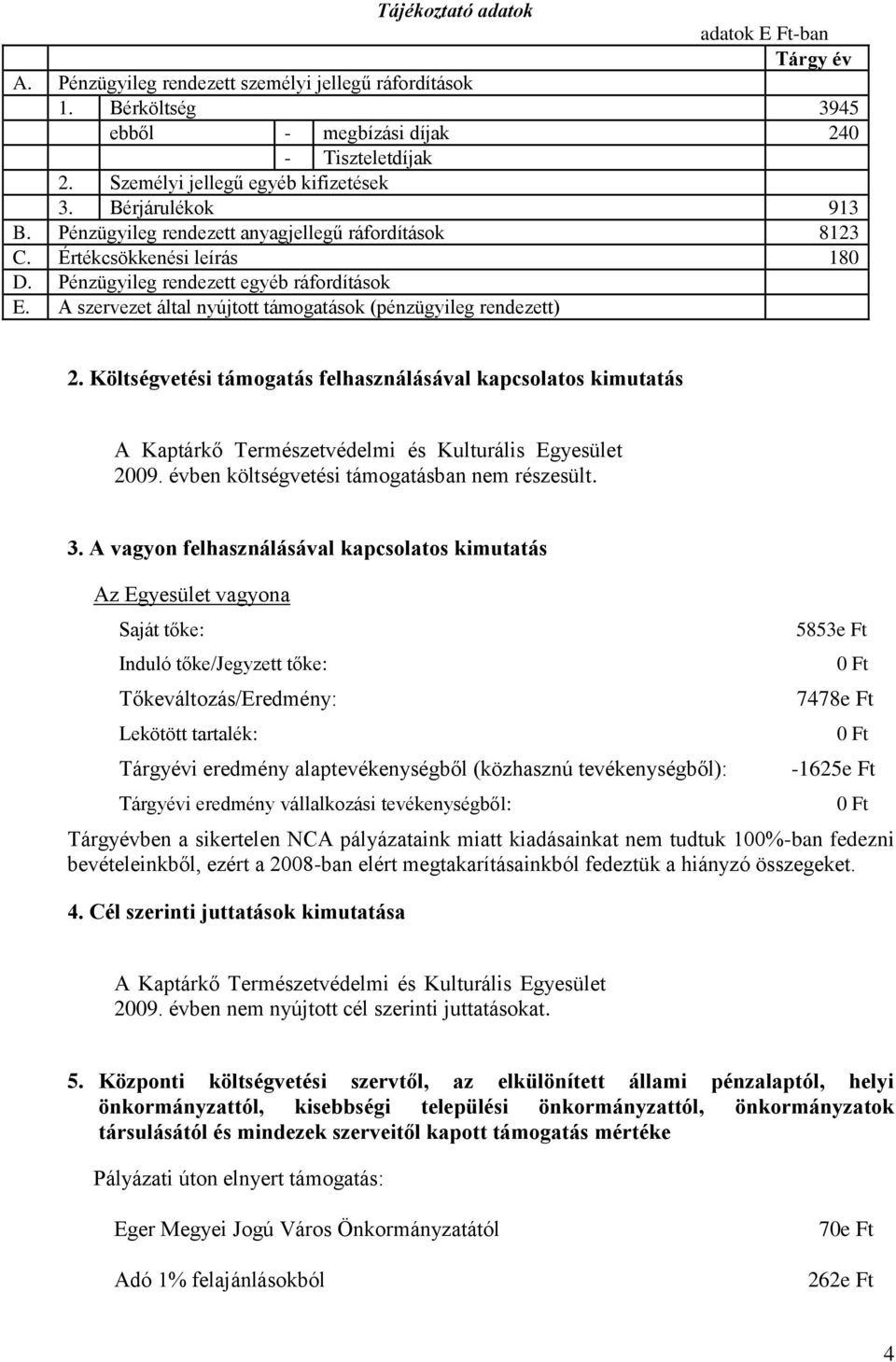 A szervezet által nyújtott támogatások (pénzügyileg rendezett) 2. Költségvetési támogatás felhasználásával kapcsolatos kimutatás A Kaptárkő Természetvédelmi és Kulturális Egyesület 2009.