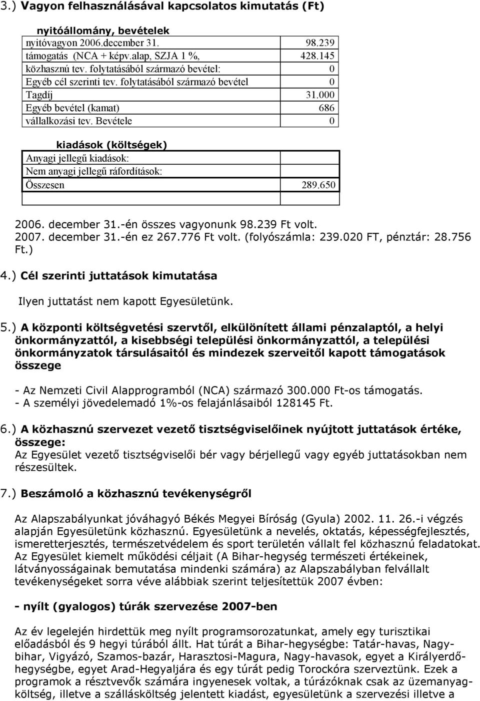 Bevétele 0 kiadások (költségek) Anyagi jellegű kiadások: Nem anyagi jellegű ráfordítások: Összesen 289.650 2006. december 31.-én összes vagyonunk 98.239 Ft volt. 2007. december 31.-én ez 267.