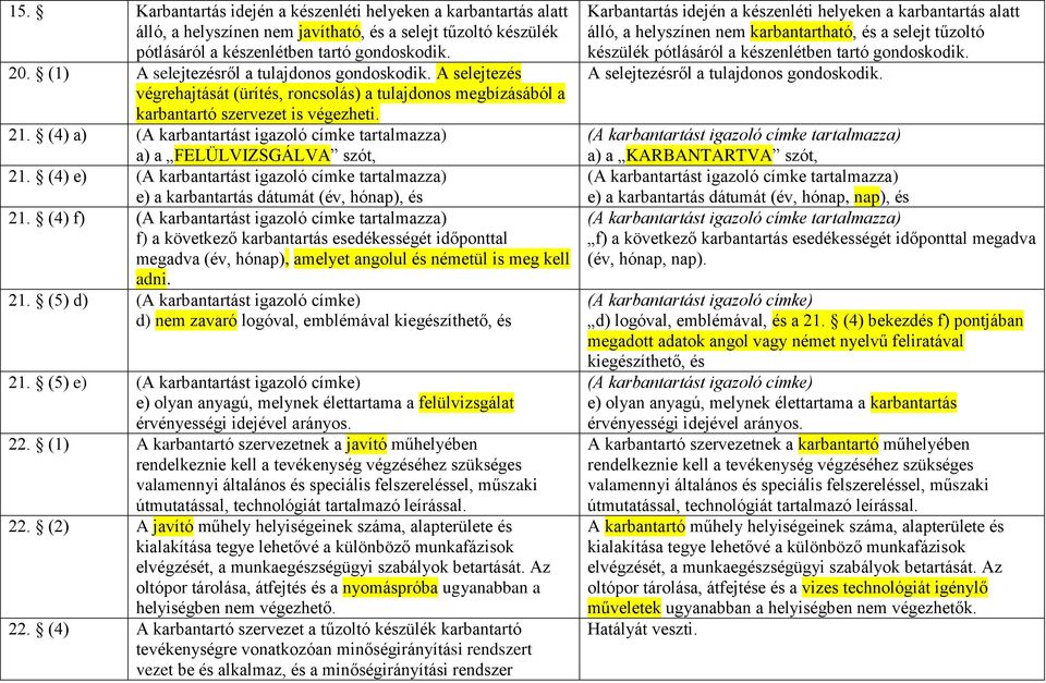 (4) a) (A karbantartást igazoló címke tartalmazza) a) a FELÜLVIZSGÁLVA szót, 21. (4) e) (A karbantartást igazoló címke tartalmazza) e) a karbantartás dátumát (év, hónap), és 21.