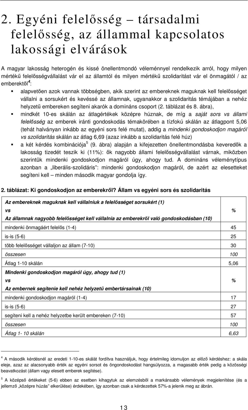 vállalni a sorsukért és kevéssé az államnak, ugyanakkor a szolidaritás témájában a nehéz helyzető embereken segíteni akarók a domináns csoport (2. táblázat és 8.