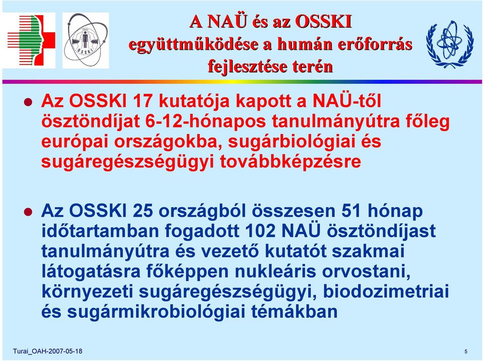 25 országból összesen 51 hónap időtartamban fogadott 102 NAÜ ösztöndíjast tanulmányútra és vezető kutatót szakmai látogatásra