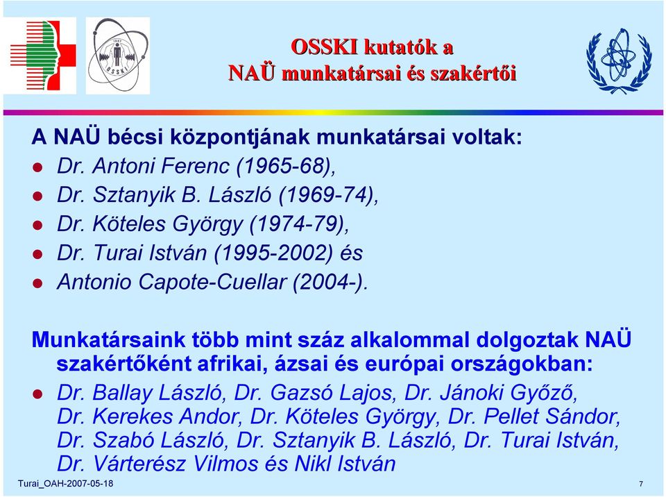 Munkatársaink több mint száz alkalommal dolgoztak NAÜ szakértőként afrikai, ázsai és európai országokban: Dr. Ballay László, Dr. Gazsó Lajos, Dr.