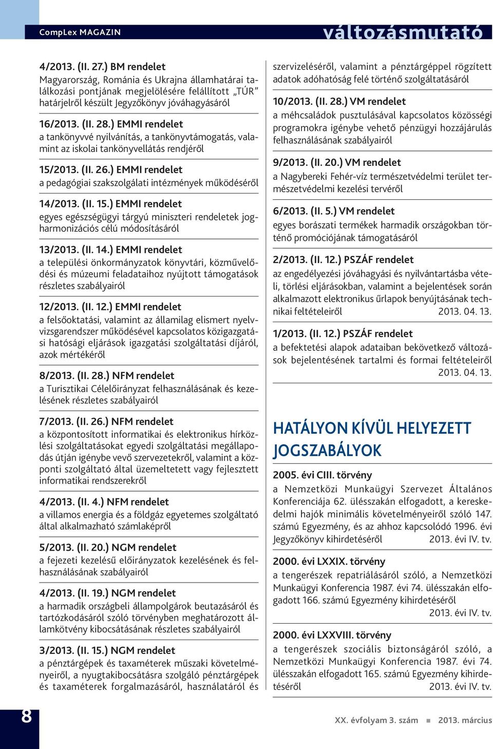 ) EMMI rendelet a pedagógiai szakszolgálati intézmények működéséről 14/2013. (II. 15.) EMMI rendelet egyes egészségügyi tárgyú miniszteri rendeletek jogharmonizációs célú módosításáról 13/2013. (II. 14.) EMMI rendelet a települési önkormányzatok könyvtári, közművelődési és múzeumi feladataihoz nyújtott támogatások 12/2013.