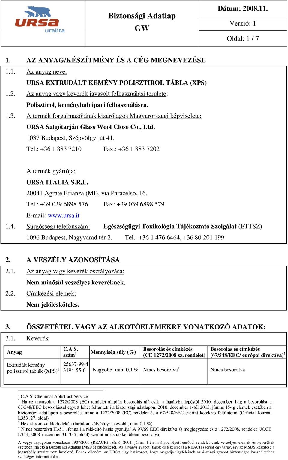 A termék forgalmazójának kizárólagos Magyarországi képviselete: URSA Salgótarján Glass Wool Close Co., Ltd. 1037 Budapest, Szépvölgyi út 41. Tel.: +36 1 883 7210 Fax.