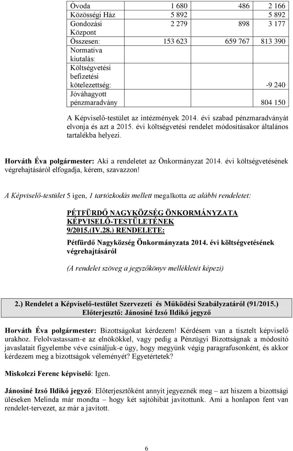 Horváth Éva polgármester: Aki a rendeletet az Önkormányzat 2014. évi költségvetésének végrehajtásáról elfogadja, kérem, szavazzon!