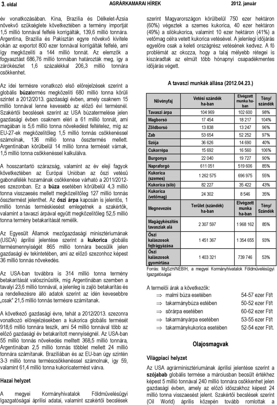 Argentína, Brazília és Pakisztán egyre növekvő kivitele okán az exportot 800 ezer tonnával korrigálták felfelé, ami így megközelíti a 144 millió tonnát.