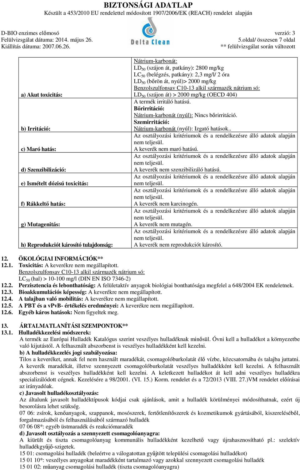(szájon át) > 2000 mg/kg (OECD 404) A termék irritáló hatású. Bőrirritáció: Nátrium-karbonát (nyúl): Nincs bőrirritáció. Szemirritáció: Nátrium-karbonát (nyúl): Izgató hatások.