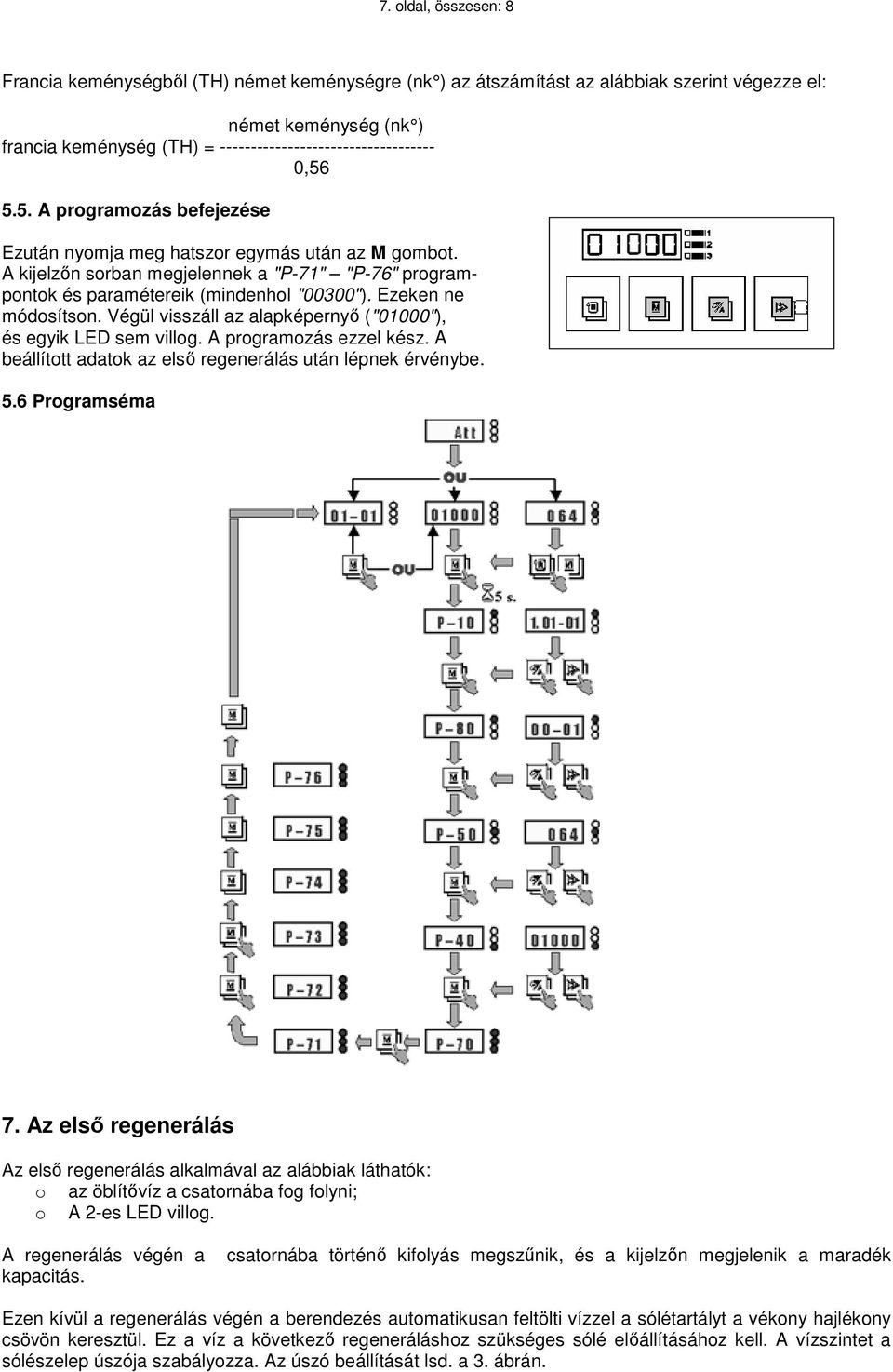 A kijelzőn sorban megjelennek a "P-71" "P-76" programpontok és paramétereik (mindenhol "00300"). Ezeken ne módosítson. Végül visszáll az alapképernyő ("01000"), és egyik LED sem villog.