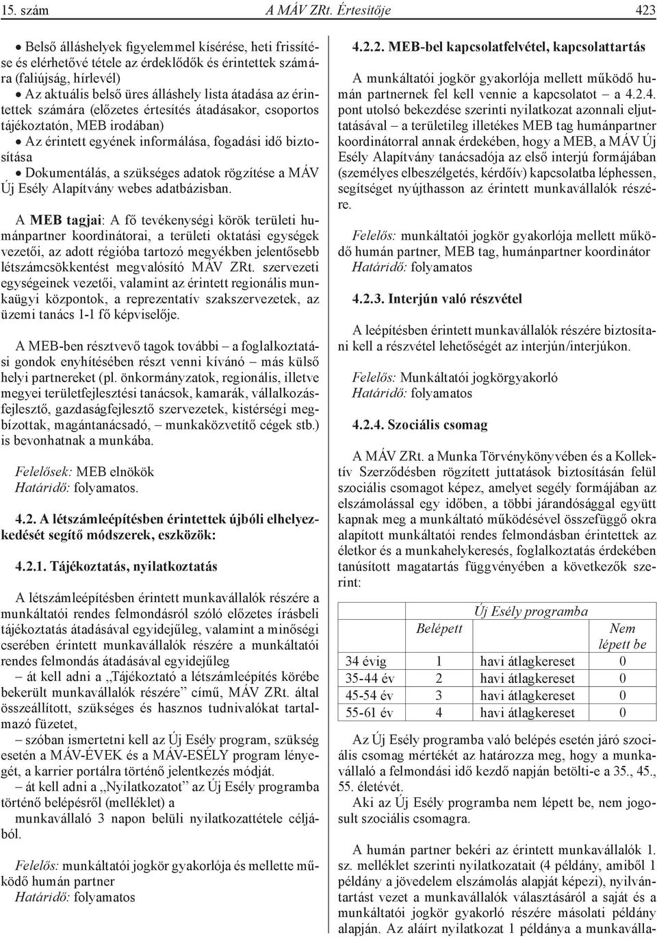 érintettek számára (előzetes értesítés átadásakor, csoportos tájékoztatón, MEB irodában) Az érintett egyének informálása, fogadási idő biztosítása Dokumentálás, a szükséges adatok rögzítése a MÁV Új