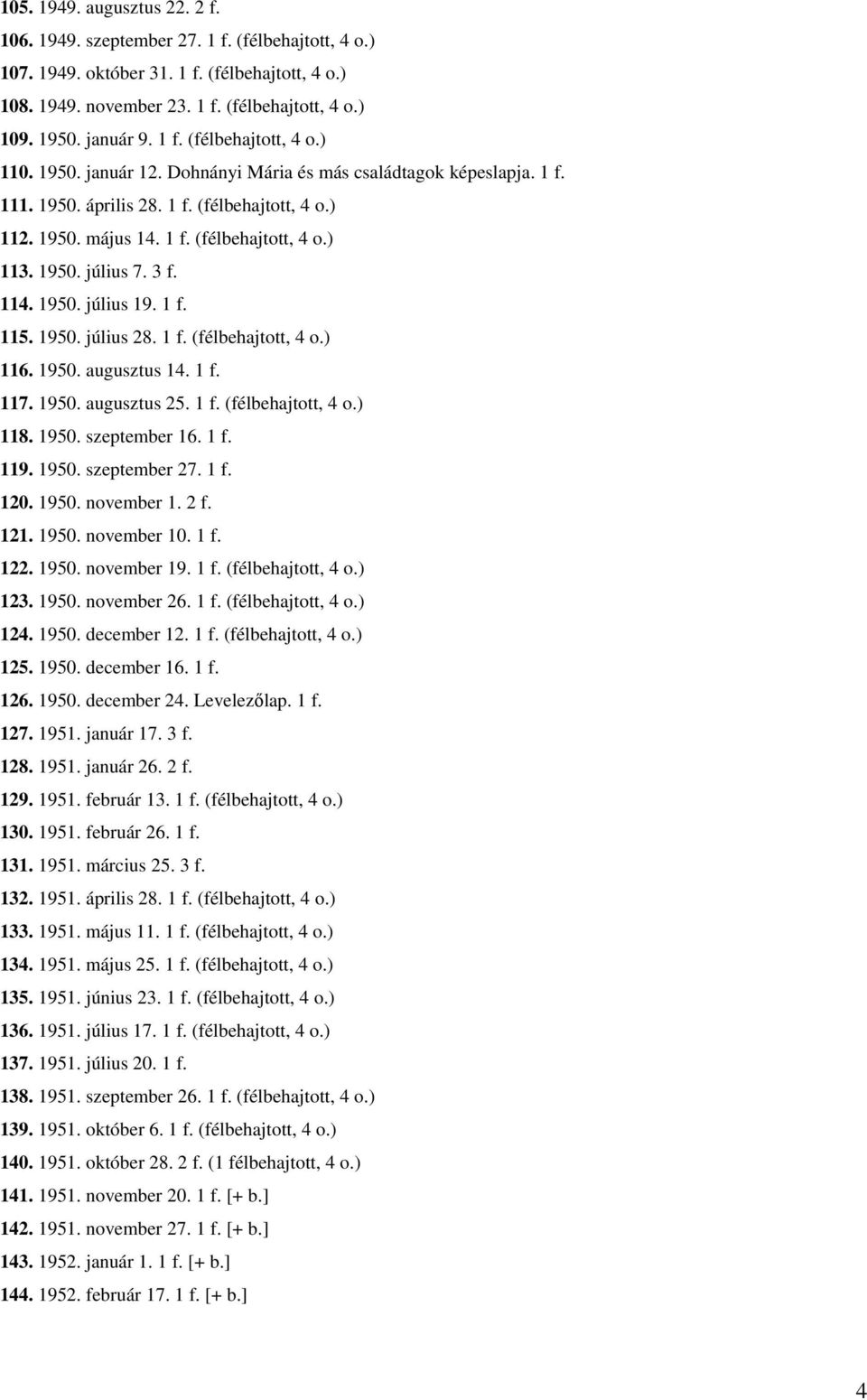 1950. július 7. 3 f. 114. 1950. július 19. 1 f. 115. 1950. július 28. 1 f. (félbehajtott, 4 o.) 116. 1950. augusztus 14. 1 f. 117. 1950. augusztus 25. 1 f. (félbehajtott, 4 o.) 118. 1950. szeptember 16.