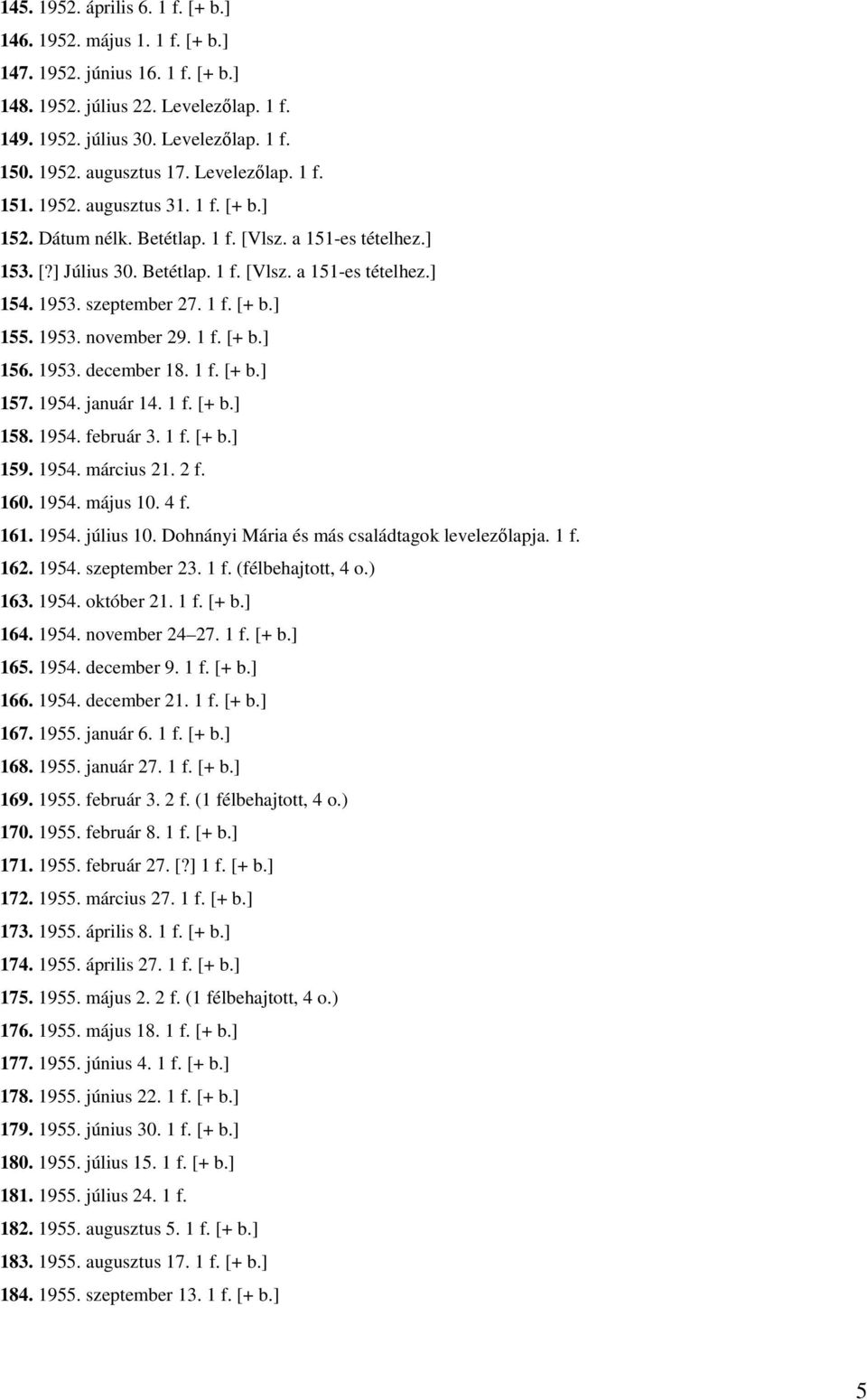 szeptember 27. 1 f. [+ b.] 155. 1953. november 29. 1 f. [+ b.] 156. 1953. december 18. 1 f. [+ b.] 157. 1954. január 14. 1 f. [+ b.] 158. 1954. február 3. 1 f. [+ b.] 159. 1954. március 21. 2 f. 160.