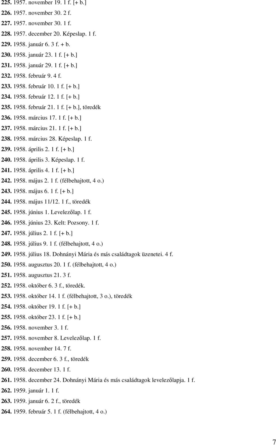 1958. március 21. 1 f. [+ b.] 238. 1958. március 28. Képeslap. 1 f. 239. 1958. április 2. 1 f. [+ b.] 240. 1958. április 3. Képeslap. 1 f. 241. 1958. április 4. 1 f. [+ b.] 242. 1958. május 2. 1 f. (félbehajtott, 4 o.