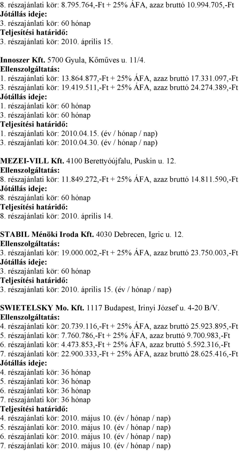 (év / hónap / nap) 3. részajánlati kör: 2010.04.30. (év / hónap / nap) MEZEI-VILL Kft. 4100 Berettyóújfalu, Puskin u. 12. 8. részajánlati kör: 11.849.272,-Ft + 25% ÁFA, azaz bruttó 14.811.590,-Ft 8.