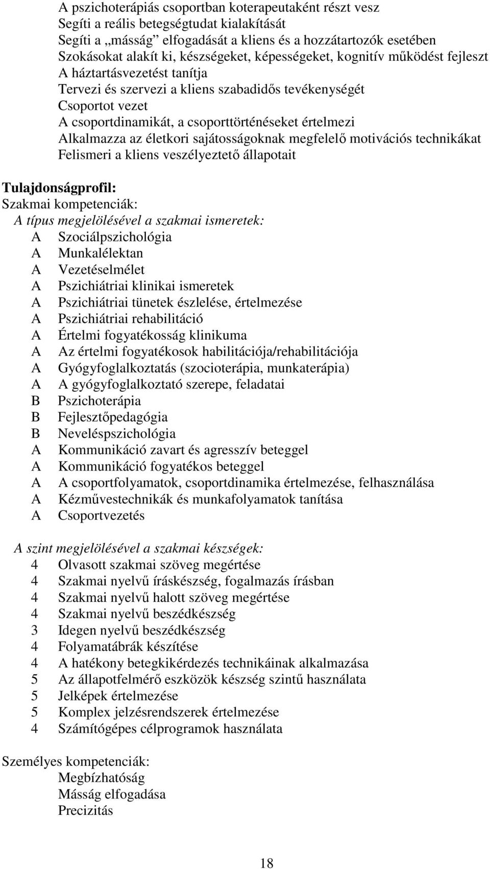 Alkalmazza az életkori sajátosságoknak megfelelő motivációs technikákat Felismeri a kliens veszélyeztető állapotait Tulajdonságprofil: Szakmai kompetenciák: A típus megjelölésével a szakmai