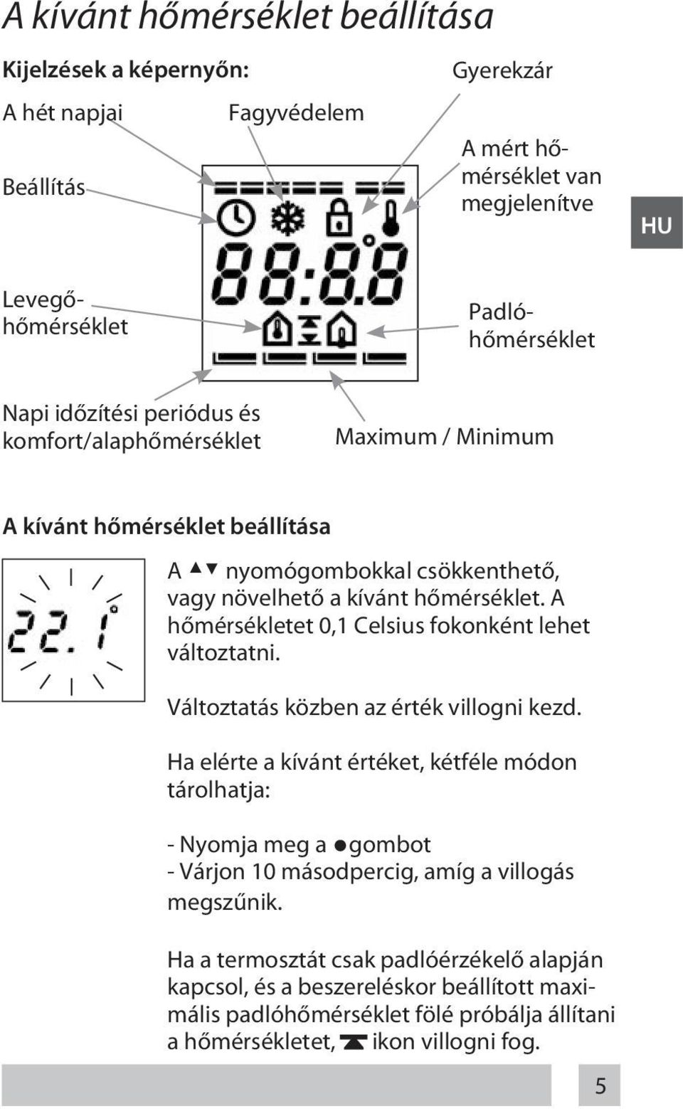 A hőmérsékletet 0,1 Celsius fokonként lehet változtatni. Változtatás közben az érték villogni kezd.