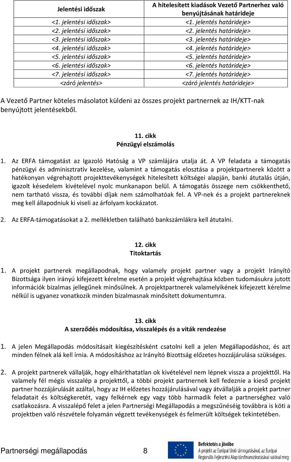 jelentési időszak> <7. jelentés határideje> <záró jelentés> <záró jelentés határideje> A Vezető Partner köteles másolatot küldeni az összes projekt partnernek az IH/KTT-nak benyújtott jelentésekből.