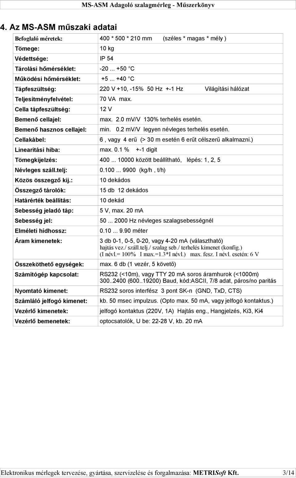 Linearitási hiba: max. 0.1 % +-1 digit min. 0.2 mv/v legyen névleges terhelés esetén. 6, vagy 4 erű (> 30 m esetén 6 erűt célszerű alkalmazni.) Tömegkijelzés: 400.