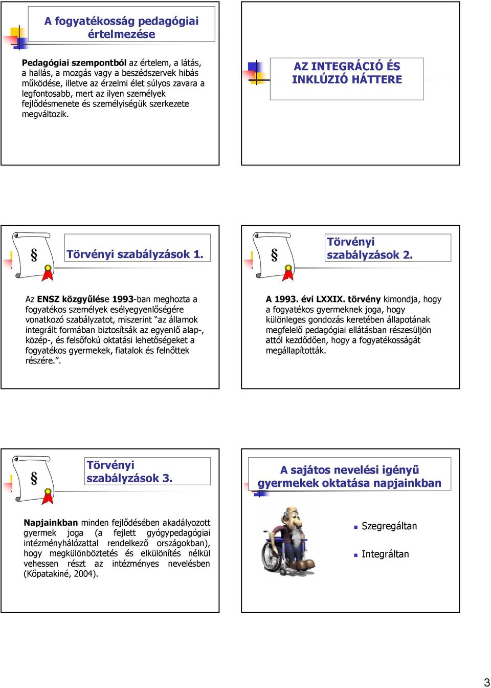 Az ENSZ közgyőlése 1993-ban meghozta a fogyatékos személyek esélyegyenlıségére vonatkozó szabályzatot, miszerint az államok integrált formában biztosítsák az egyenlı alap-, közép-, és felsıfokú