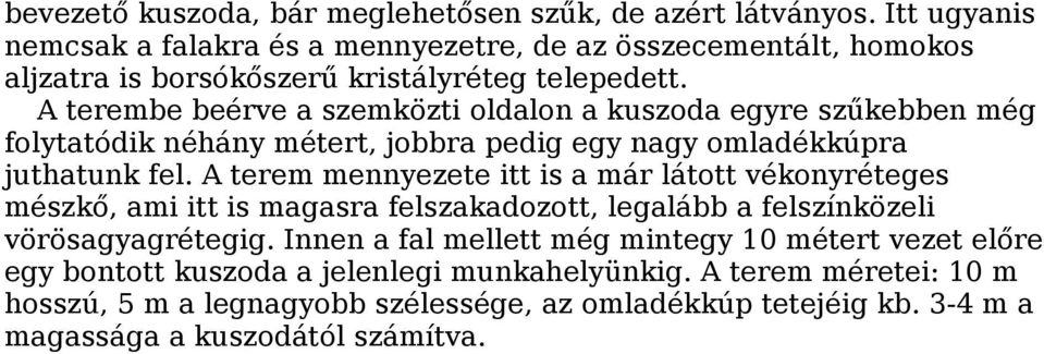 A terembe beérve a szemközti oldalon a kuszoda egyre szűkebben még folytatódik néhány métert, jobbra pedig egy nagy omladékkúpra juthatunk fel.