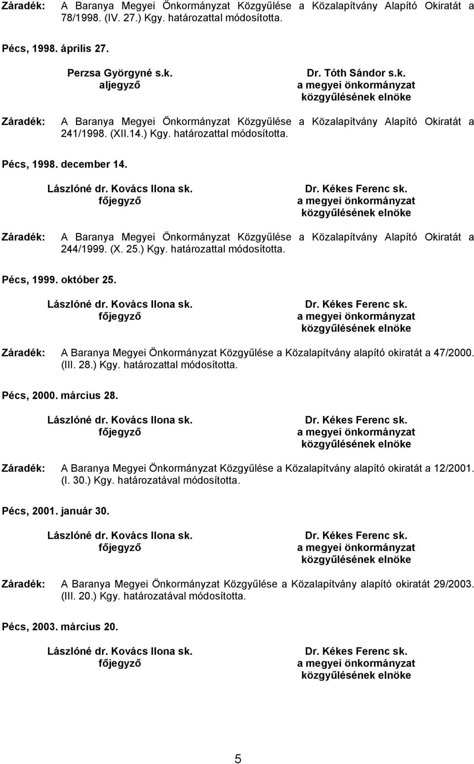 Záradék: A Baranya Megyei Önkormányzat Közgyűlése a Közalapítvány Alapító Okiratát a 244/1999. (X. 25.) Kgy. határozattal módosította. Pécs, 1999. október 25.