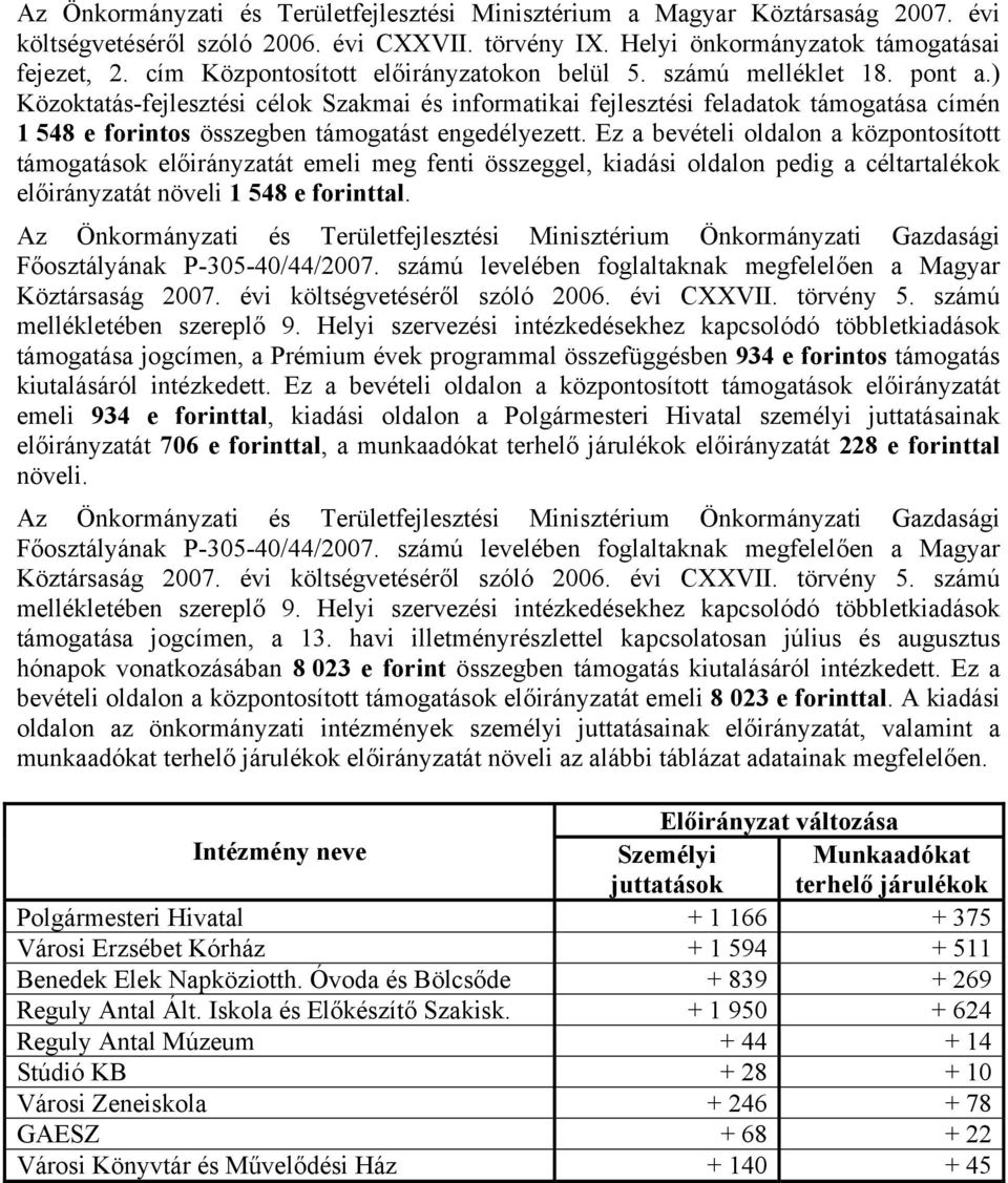 ) Közoktatás-fejlesztési célok Szakmai és informatikai fejlesztési feladatok támogatása címén 1 548 e forintos összegben támogatást engedélyezett.