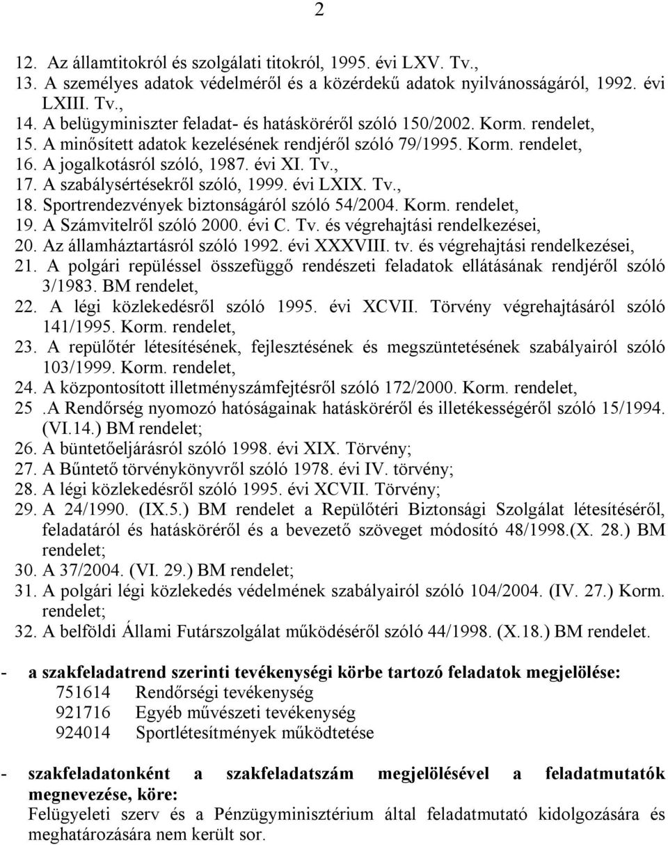 , 17. A szabálysértésekről szóló, 1999. évi LXIX. Tv., 18. Sportrendezvények biztonságáról szóló 54/2004. Korm. rendelet, 19. A Számvitelről szóló 2000. évi C. Tv. és végrehajtási rendelkezései, 20.