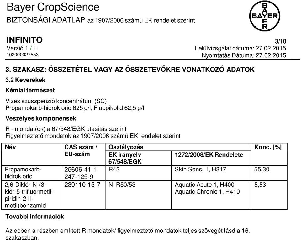 szerint Figyelmeztető mondatok az 1907/2006 számú EK rendelet szerint Név CAS szám / EU-szám Propamokarbhidroklorid 2,6-Diklór-N-(3- klór-5-trifluormetilpiridin-2-ilmetil)benzamid