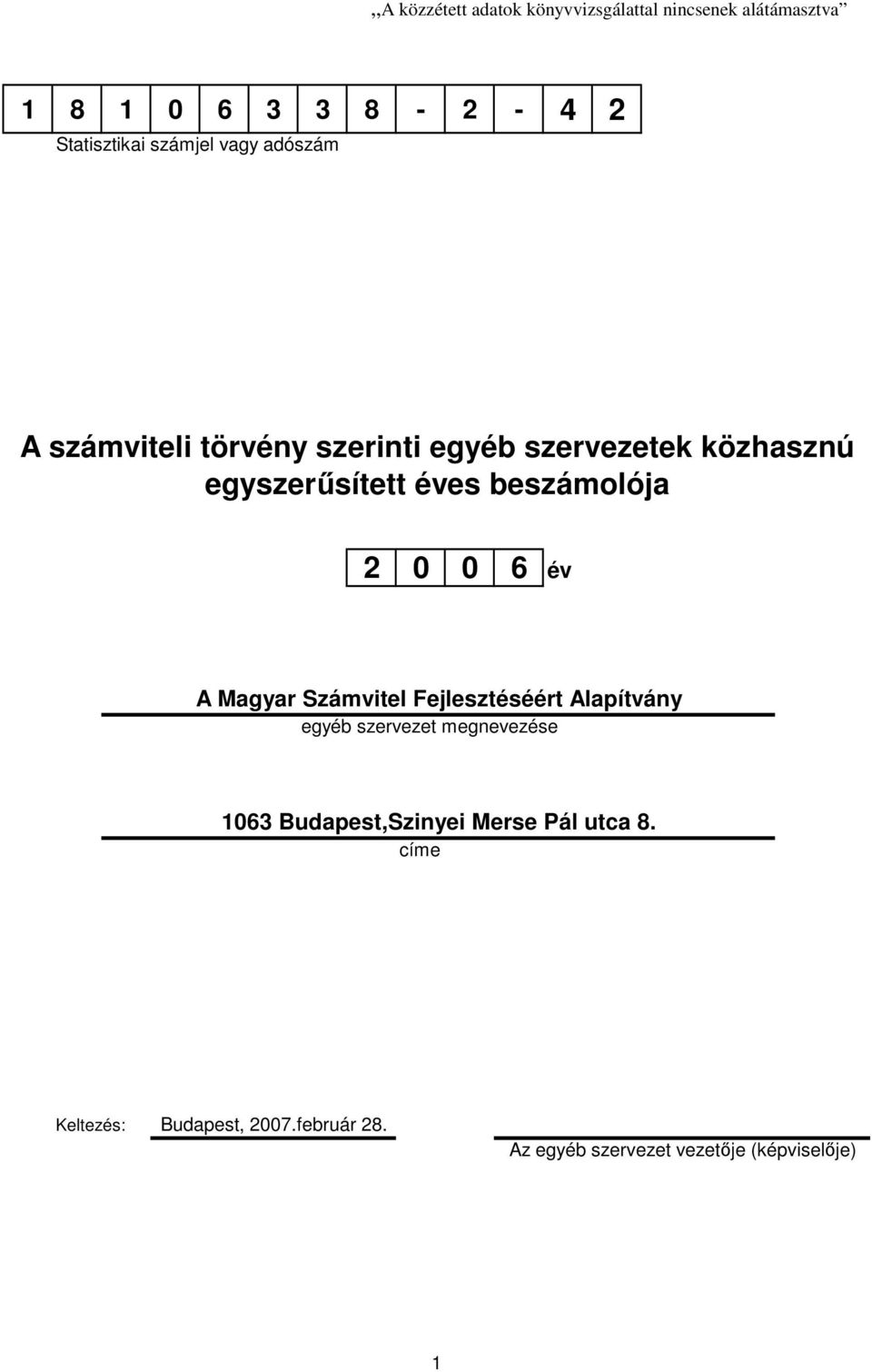 0 0 6 év A Magyar Számvitel Fejlesztéséért Alapítvány egyéb szervezet megnevezése 1063 Budapest,Szinyei