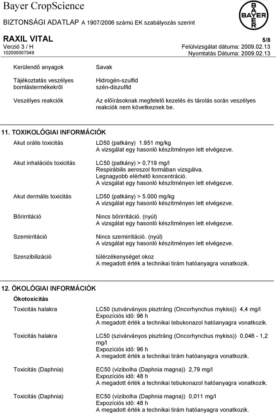 951 mg/kg Akut inhalációs toxicitás Akut dermális toxicitás Bőrirritáció Szemirritáció Szenzibilizáció LC50 (patkány) > 0,719 mg/l Respirábilis aeroszol formában vizsgálva.