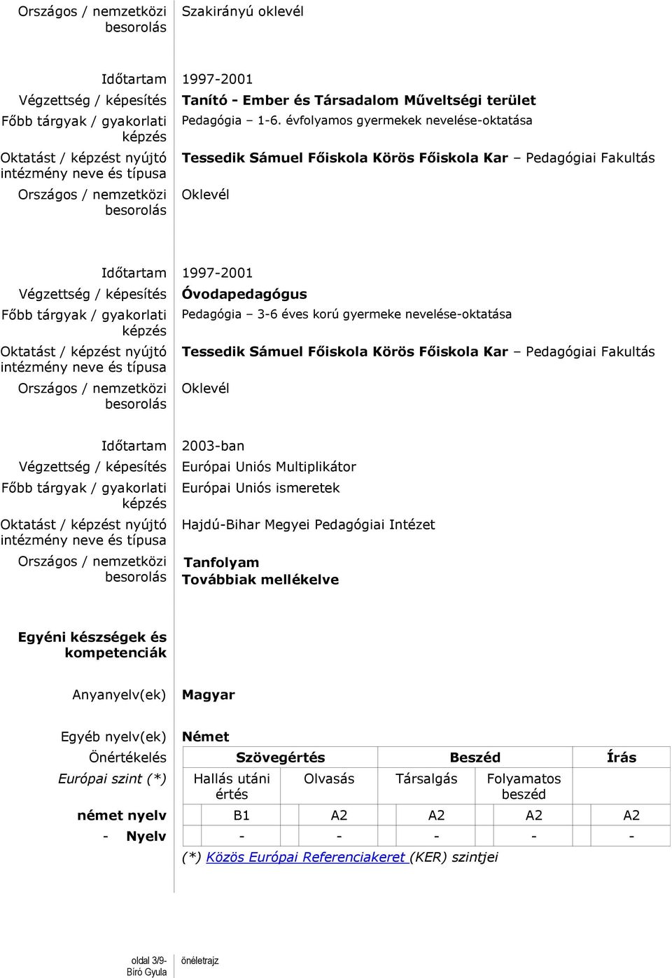 korú gyermeke nevelése-oktatása Tessedik Sámuel Főiskola Körös Főiskola Kar Pedagógiai Fakultás Oklevél Időtartam t / t nyújtó Országos / nemzetközi 2003-ban Európai Uniós Multiplikátor Európai Uniós