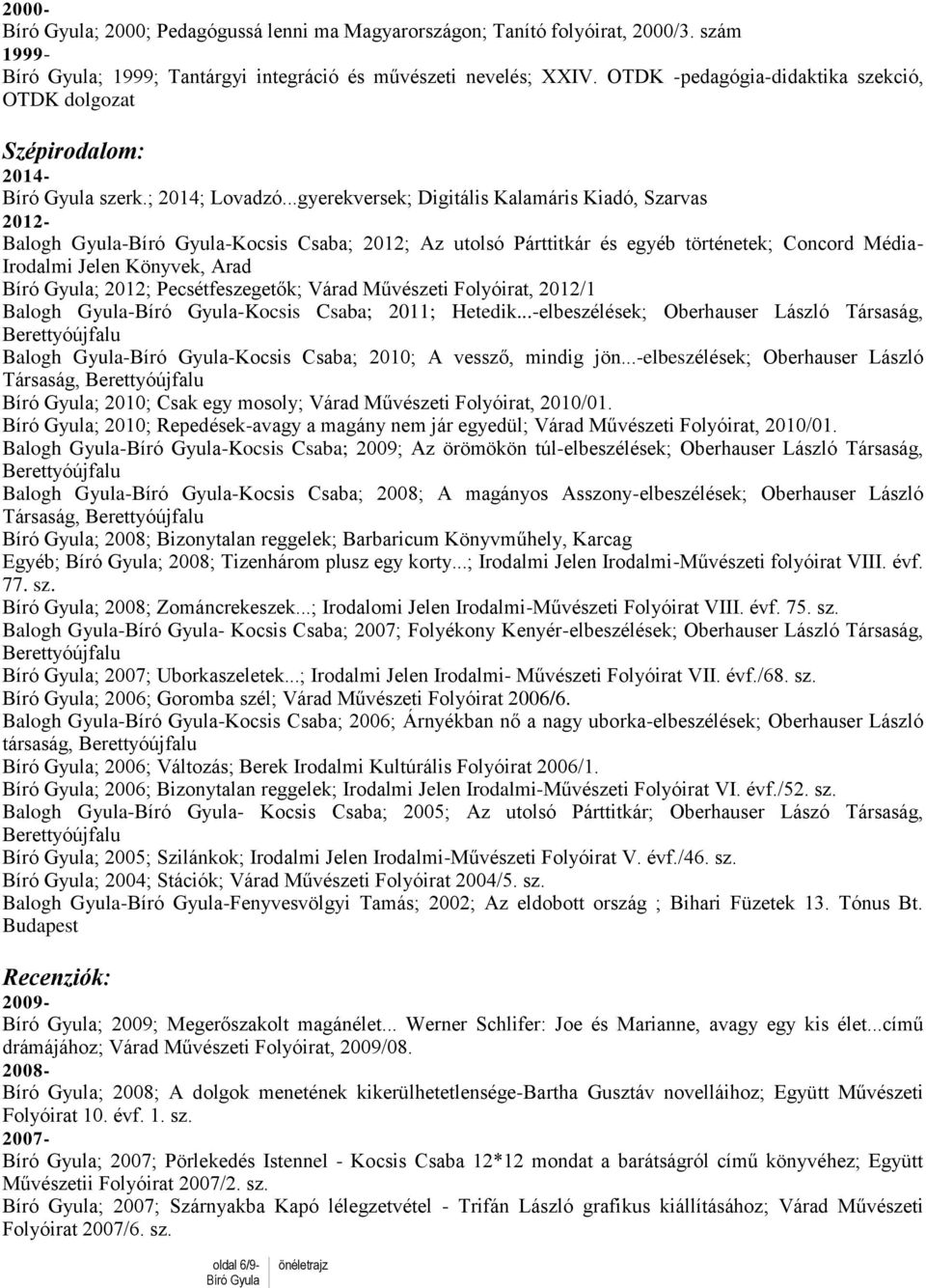 ..gyerekversek; Digitális Kalamáris Kiadó, Szarvas 2012- Balogh Gyula--Kocsis Csaba; 2012; Az utolsó Párttitkár és egyéb történetek; Concord Média- Irodalmi Jelen Könyvek, Arad ; 2012;