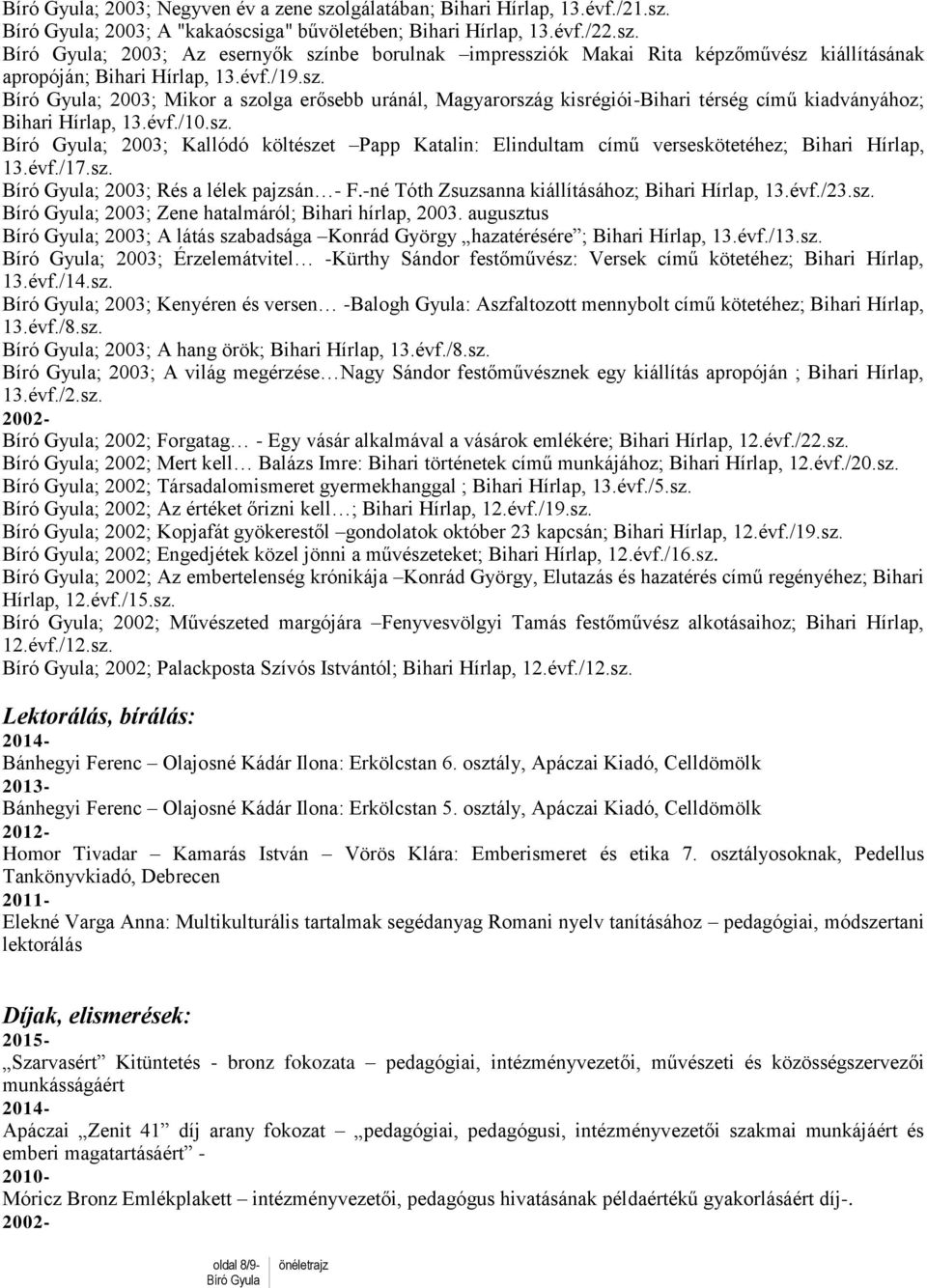 évf./17.sz. ; 2003; Rés a lélek pajzsán - F.-né Tóth Zsuzsanna kiállításához; Bihari Hírlap, 13.évf./23.sz. ; 2003; Zene hatalmáról; Bihari hírlap, 2003.