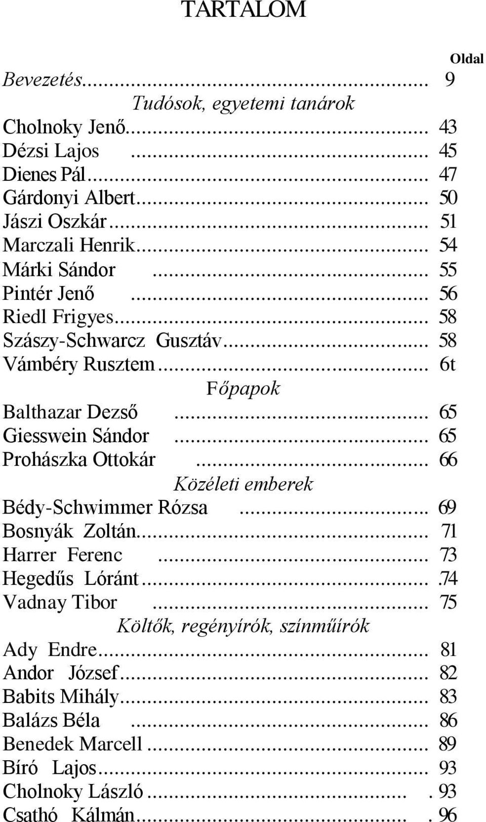 .. 65 Prohászka Ottokár... 66 Közéleti emberek Bédy-Schwimmer Rózsa... 69 Bosnyák Zoltán... 71 Harrer Ferenc... 73 Hegedűs Lóránt....74 Vadnay Tibor.