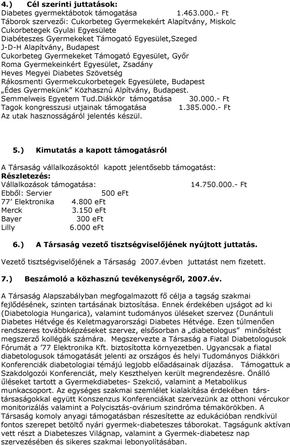 Támogató Egyesület, Győr Roma Gyermekeinkért Egyesület, Zsadány Heves Megyei Diabetes Szövetség Rákosmenti Gyermekcukorbetegek Egyesülete, Budapest Édes Gyermekünk Közhasznú Alpítvány, Budapest.