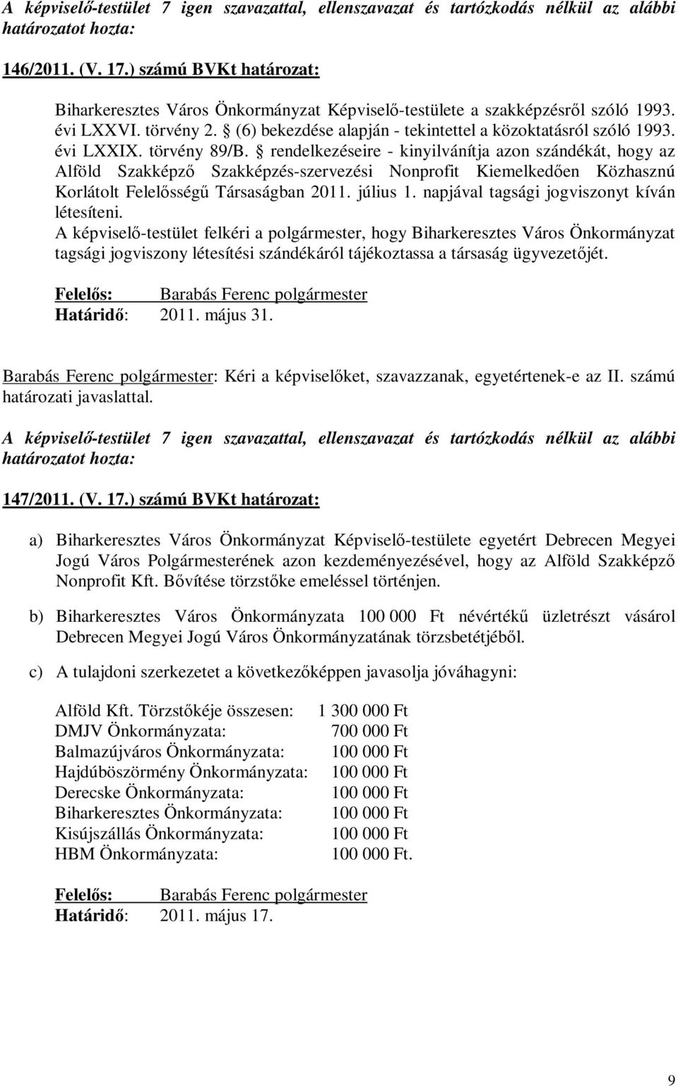 évi LXXIX. törvény 89/B. rendelkezéseire - kinyilvánítja azon szándékát, hogy az Alföld Szakképző Szakképzés-szervezési Nonprofit Kiemelkedően Közhasznú Korlátolt Felelősségű Társaságban 2011.