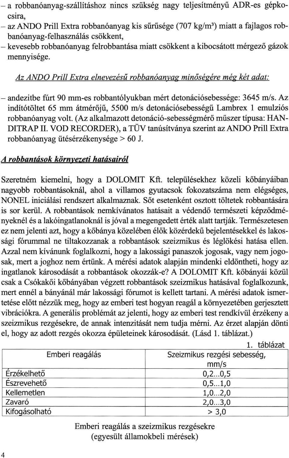 Az ANDO Prill Extra e/nevezésű robbanóanyag minőségére még két adat: - andezitbe fúrt 90 mm-es robbantólyukban mért detonációsebessége: 3645 m/s.