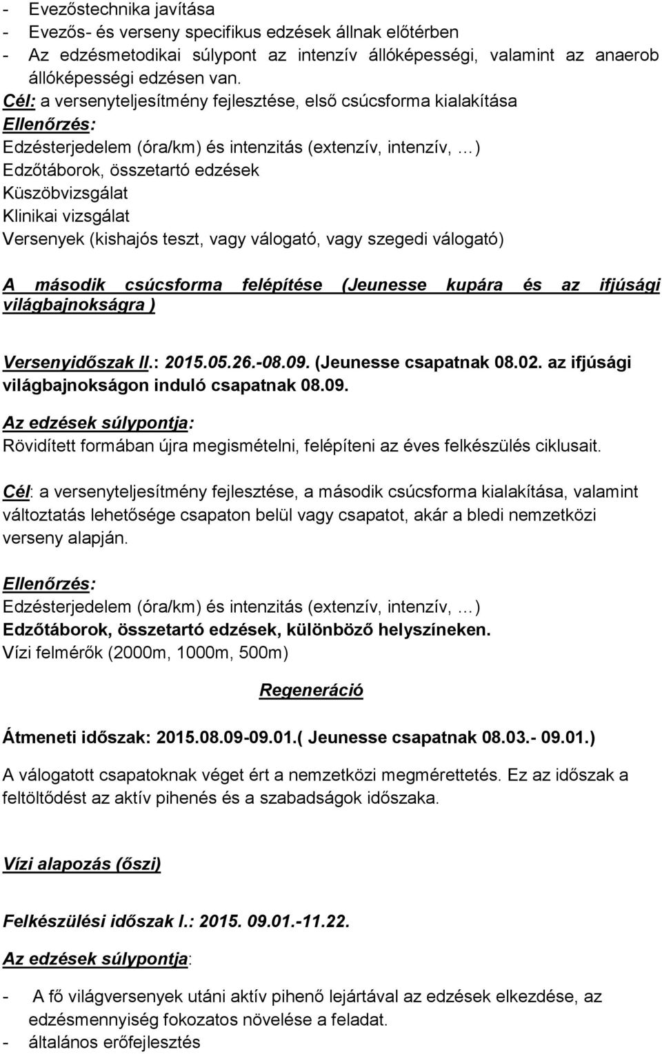 vizsgálat Versenyek (kishajós teszt, vagy válogató, vagy szegedi válogató) A második csúcsforma felépítése (Jeunesse kupára és az ifjúsági világbajnokságra ) Versenyidőszak II.: 05.05.6.-08.09.