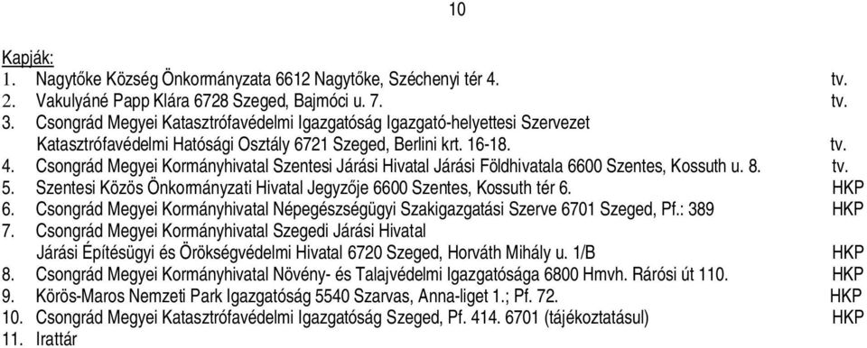 Csongrád Megyei Kormányhivatal Szentesi Járási Hivatal Járási Földhivatala 6600 Szentes, Kossuth u. 8. tv. 5. Szentesi Közös Önkormányzati Hivatal Jegyz je 6600 Szentes, Kossuth tér 6. HKP 6.