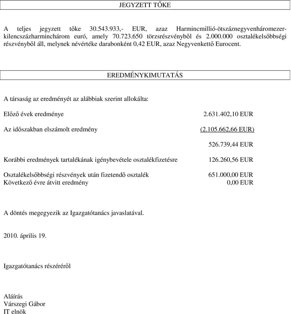 EREDMÉNYKIMUTATÁS A társaság az eredményét az alábbiak szerint allokálta: Elızı évek eredménye Az idıszakban elszámolt eredmény 2.631.402,10 EUR (2.105.662,66 EUR) 526.