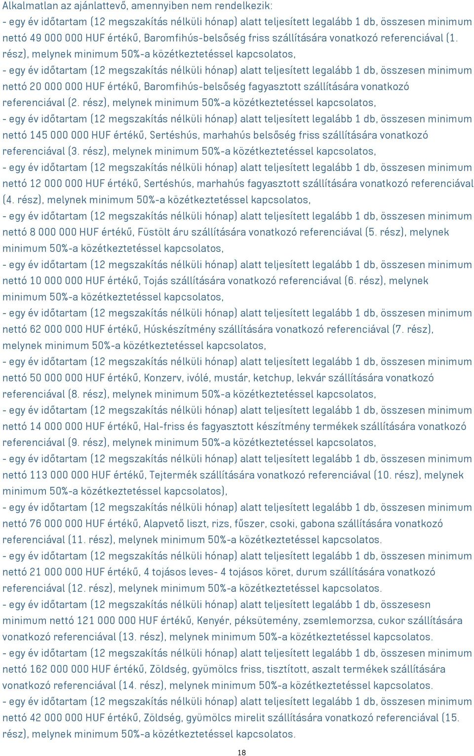 rész), melynek minimum 50%-a közétkeztetéssel kapcsolatos, - egy év időtartam (12 megszakítás nélküli hónap) alatt teljesített legalább 1 db, összesen minimum nettó 20 000 000 HUF értékű,