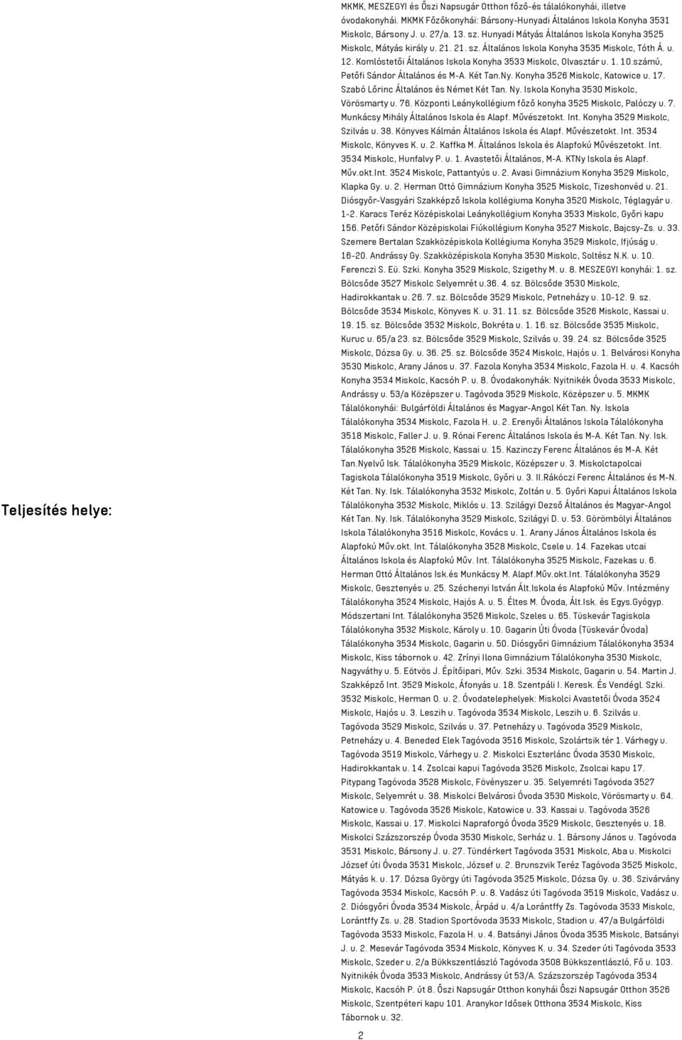 Komlóstetői Általános Iskola Konyha 3533 Miskolc, Olvasztár u. 1. 10.számú, Petőfi Sándor Általános és M-A. Két Tan.Ny. Konyha 3526 Miskolc, Katowice u. 17. Szabó Lőrinc Általános és Német Két Tan.